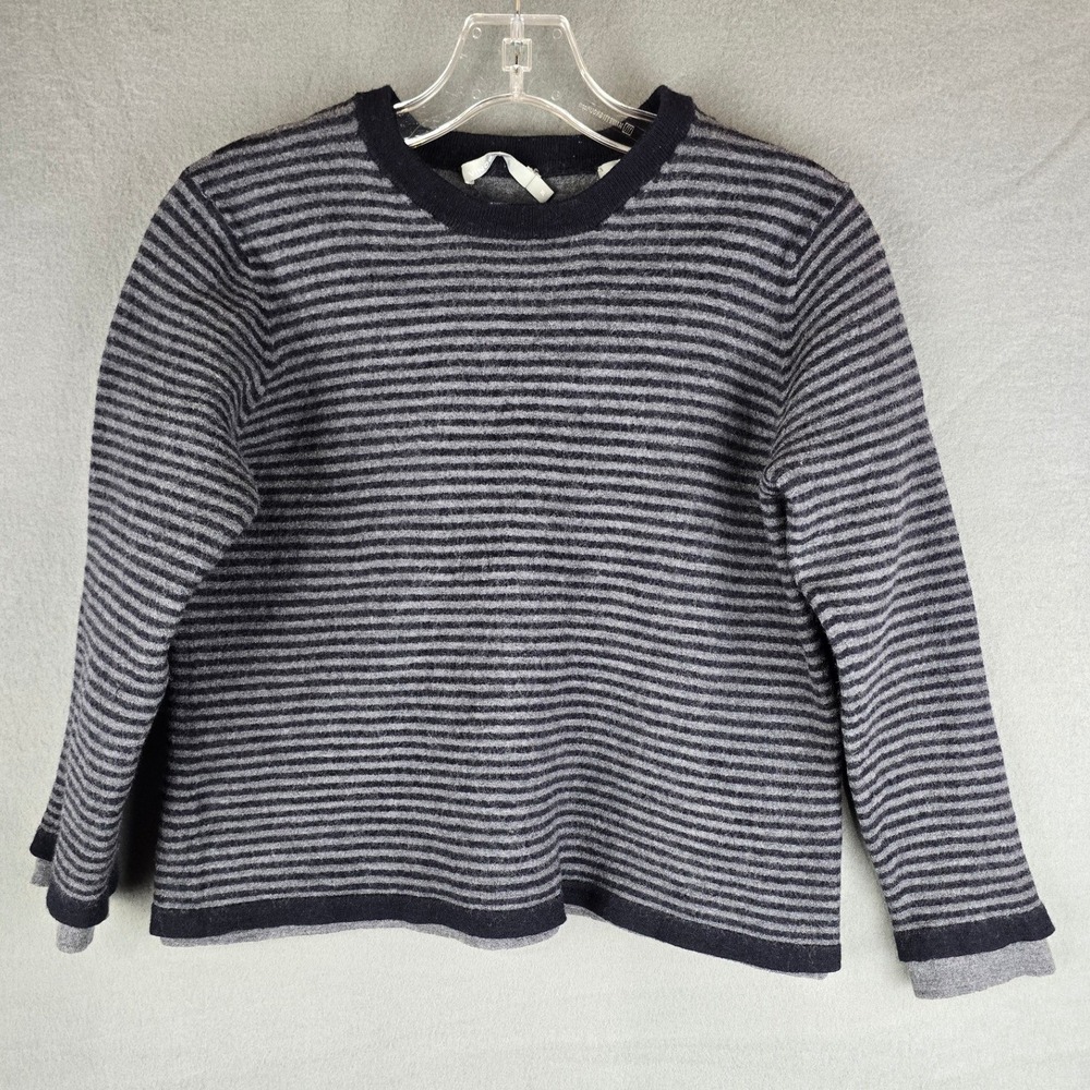 Vince Sweater Women XL Navy Gray Striped Merino Wool Crewneck Minimalist